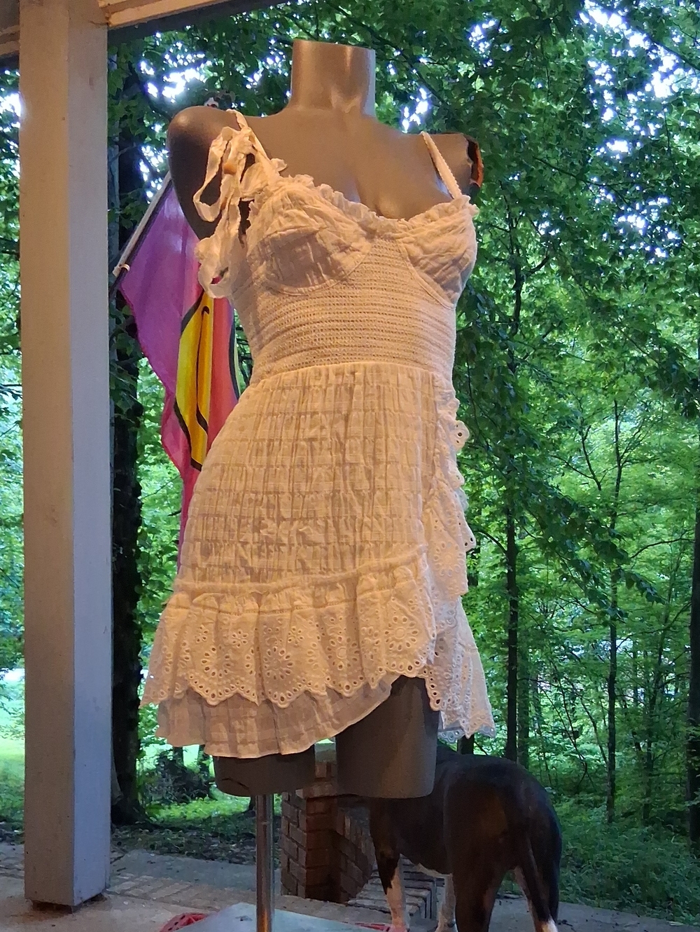 Olivaceous White Smocked Sundress with Ruffle Tiers, Sz.m